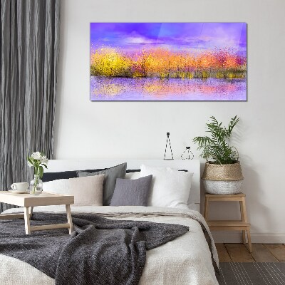 Glasbild Farbenfrohe Landschaft im Wasser spiegelt sich