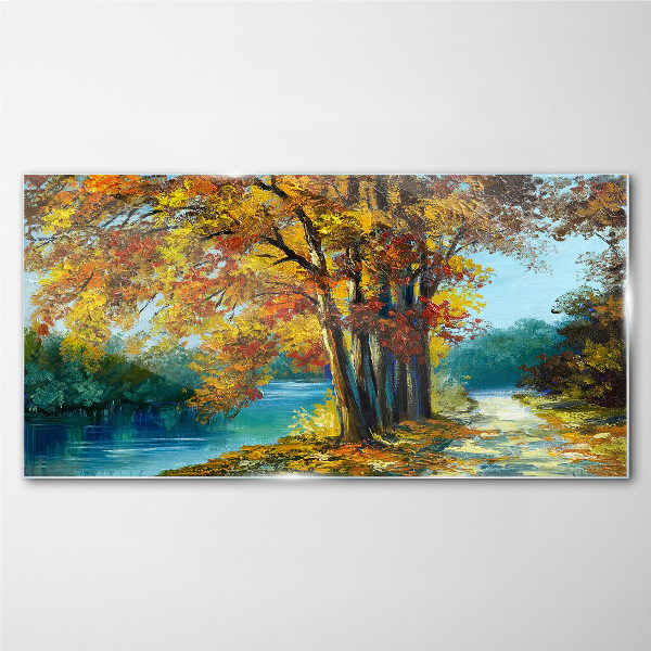 Glas bild Herbstliche Gasse am Fluss