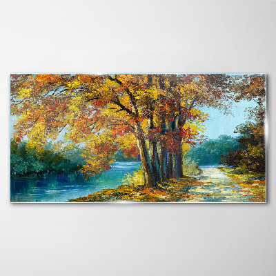 Glas bild Herbstliche Gasse am Fluss