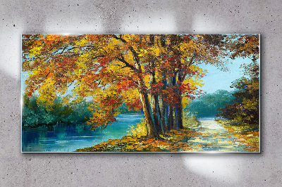 Glas bild Herbstliche Gasse am Fluss