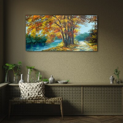Glas bild Herbstliche Gasse am Fluss