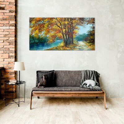 Glas bild Herbstliche Gasse am Fluss