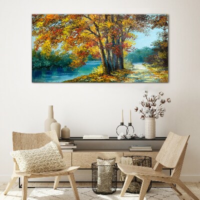 Glas bild Herbstliche Gasse am Fluss