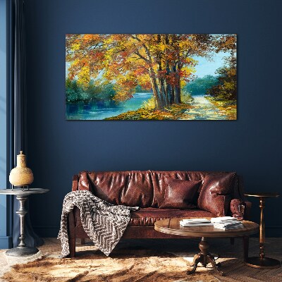 Glas bild Herbstliche Gasse am Fluss