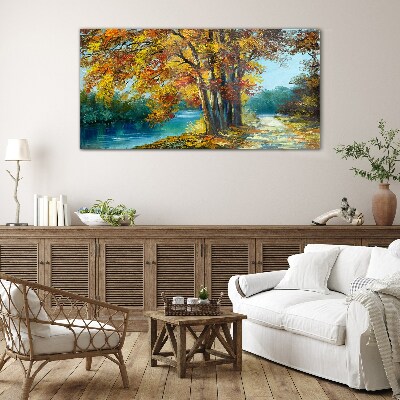 Glas bild Herbstliche Gasse am Fluss