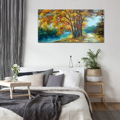Glas bild Herbstliche Gasse am Fluss