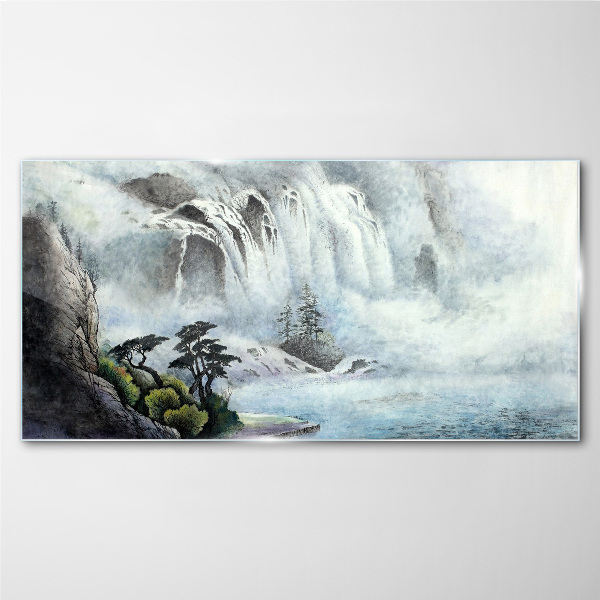 Glasbild Wasserfall in mystischer Landschaft