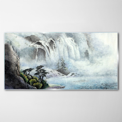 Glasbild Wasserfall in mystischer Landschaft