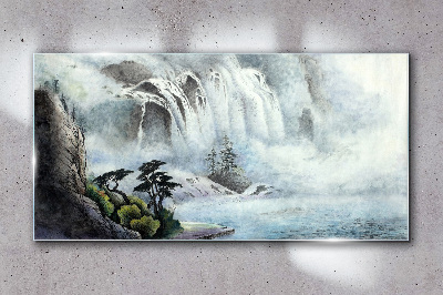 Glasbild Wasserfall in mystischer Landschaft