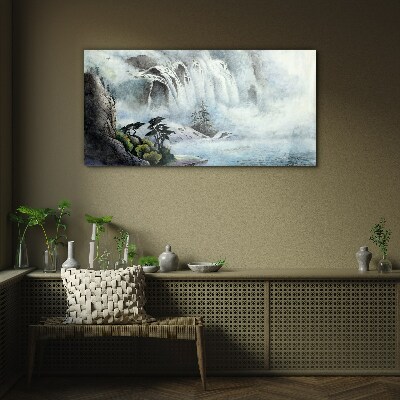 Glasbild Wasserfall in mystischer Landschaft