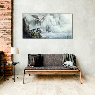 Glasbild Wasserfall in mystischer Landschaft