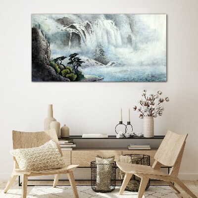 Glasbild Wasserfall in mystischer Landschaft