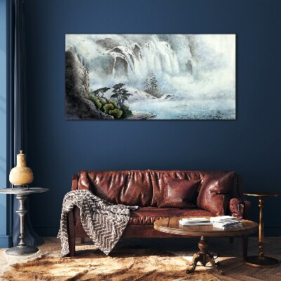 Glasbild Wasserfall in mystischer Landschaft