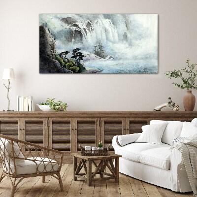 Glasbild Wasserfall in mystischer Landschaft
