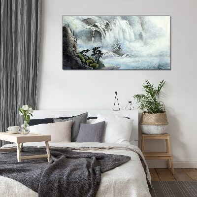 Glasbild Wasserfall in mystischer Landschaft