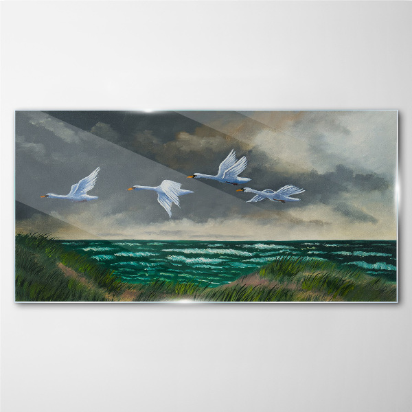 Glas bild Flug der Schwäne über dem Meer