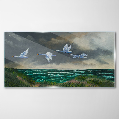 Glas bild Flug der Schwäne über dem Meer