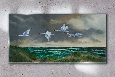 Glas bild Flug der Schwäne über dem Meer
