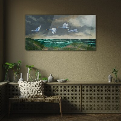Glas bild Flug der Schwäne über dem Meer