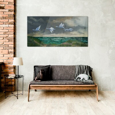 Glas bild Flug der Schwäne über dem Meer