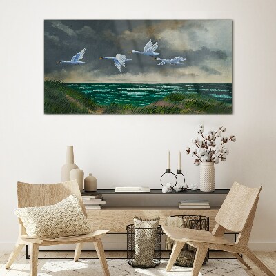Glas bild Flug der Schwäne über dem Meer