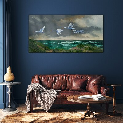 Glas bild Flug der Schwäne über dem Meer