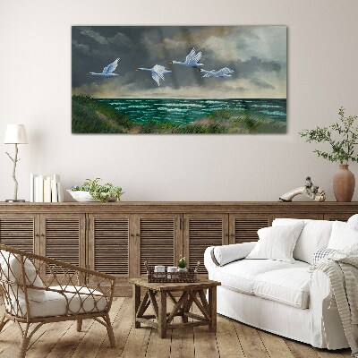 Glas bild Flug der Schwäne über dem Meer
