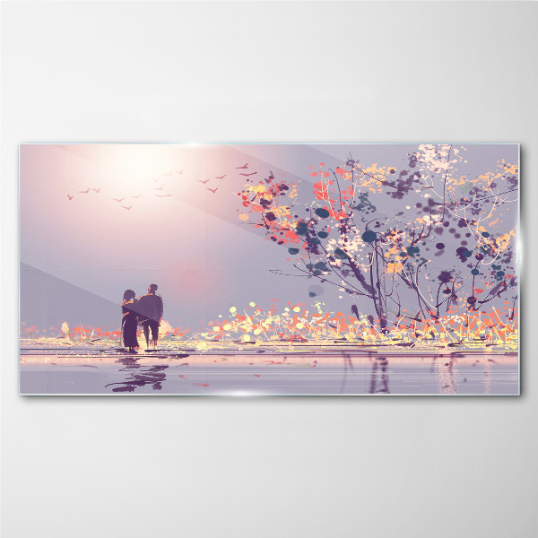Glasbild Romantischer Spaziergang bei Sonnenuntergang
