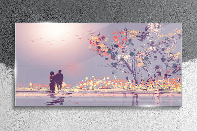 Glasbild Romantischer Spaziergang bei Sonnenuntergang
