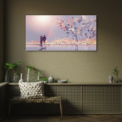 Glasbild Romantischer Spaziergang bei Sonnenuntergang