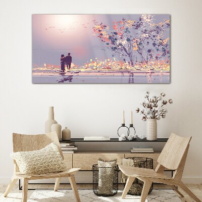 Glasbild Romantischer Spaziergang bei Sonnenuntergang