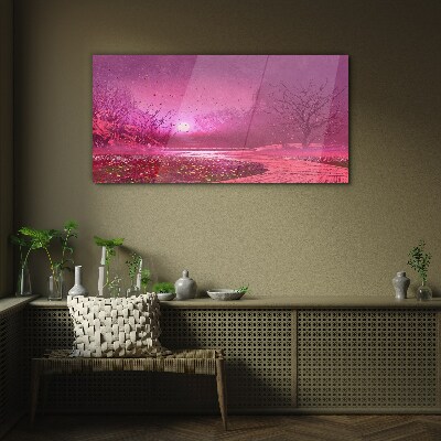Foto auf glas Rosa Nebel über der Frühlingslandschaft
