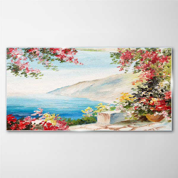 Glasbild Sommerliche Küstenlandschaft mit Blumen
