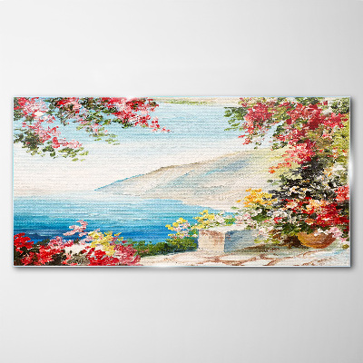 Glasbild Sommerliche Küstenlandschaft mit Blumen