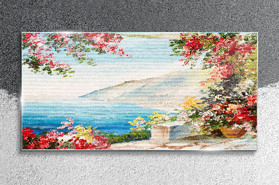 Glasbild Sommerliche Küstenlandschaft mit Blumen