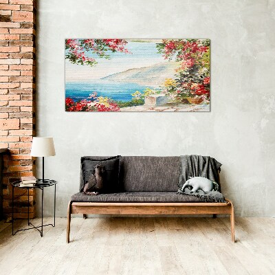 Glasbild Sommerliche Küstenlandschaft mit Blumen