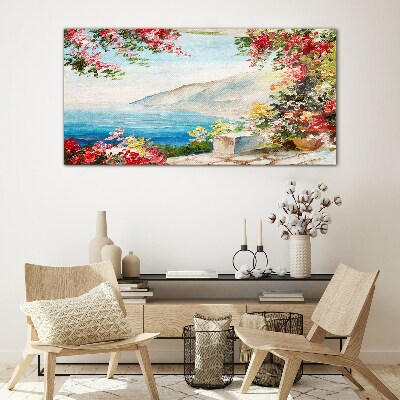 Glasbild Sommerliche Küstenlandschaft mit Blumen