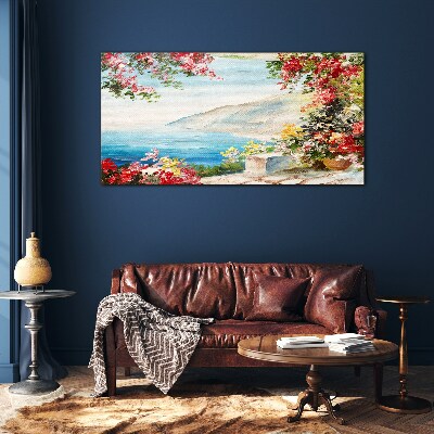 Glasbild Sommerliche Küstenlandschaft mit Blumen