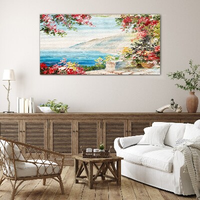 Glasbild Sommerliche Küstenlandschaft mit Blumen