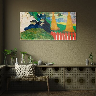 Glasbild Grüne Landschaft mit Figuren