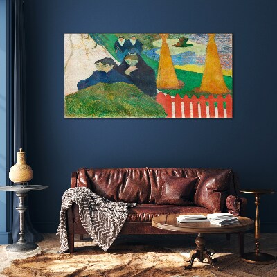 Glasbild Grüne Landschaft mit Figuren
