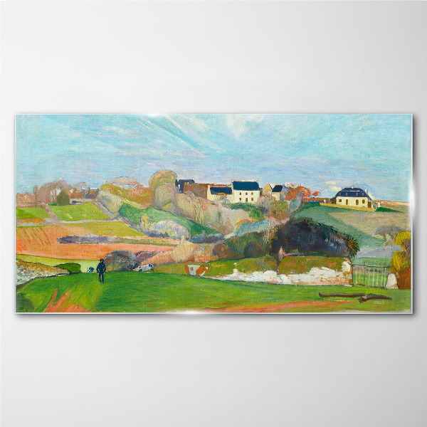 Glasbild Landschaft mit Häusern und einer Person