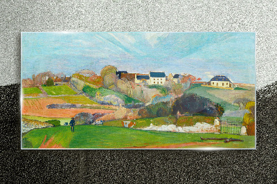 Glasbild Landschaft mit Häusern und einer Person