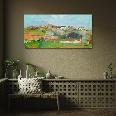 Glasbild Landschaft mit Häusern und einer Person