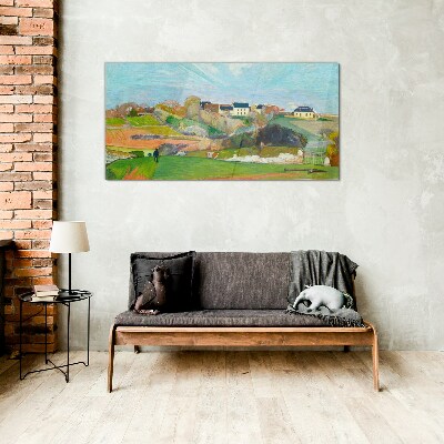 Glasbild Landschaft mit Häusern und einer Person