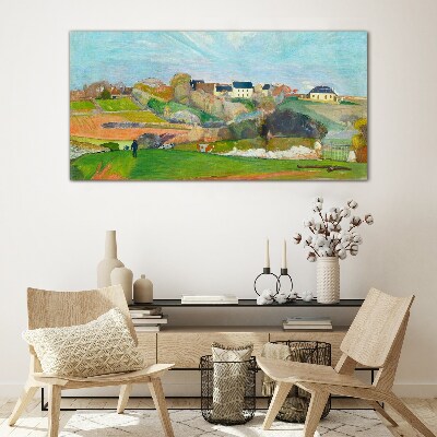 Glasbild Landschaft mit Häusern und einer Person