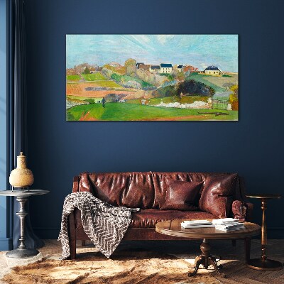 Glasbild Landschaft mit Häusern und einer Person