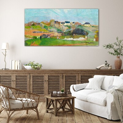 Glasbild Landschaft mit Häusern und einer Person