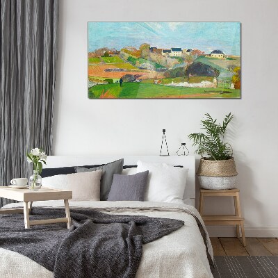 Glasbild Landschaft mit Häusern und einer Person