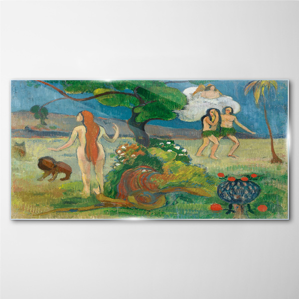 Glasbild Paradieslandschaft mit Figuren